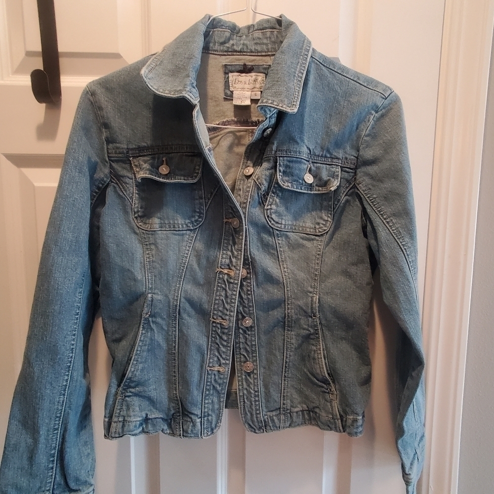 Live a little  denim cropped Jacket.  Sz small. Button up. Long sleeve